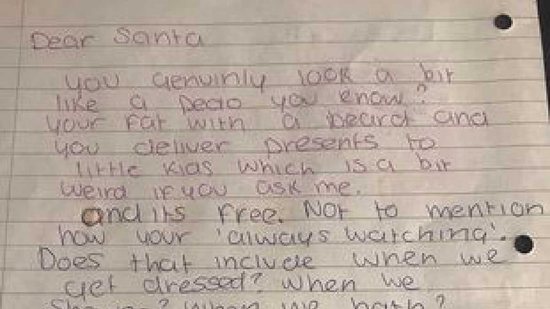 Menina de 14 anos escreve carta para Papai Noel e brinca sobre hábitos do bom velhinho - reprodução/Mirror UK