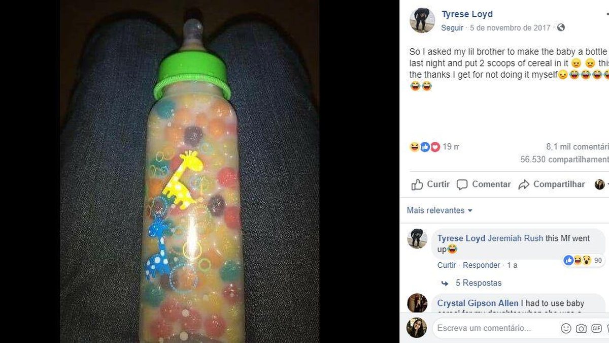 O irmão mais novo de Tyrese colocou um ingrediente especial na mamadeira do sobrinho - Reprodução / Facebook Tyrese Loyd