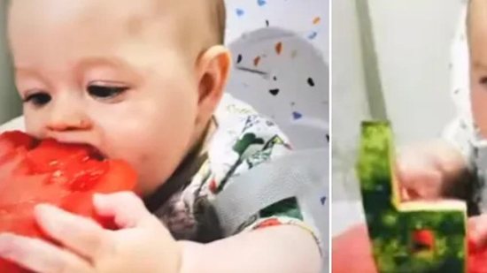 O bebê adorou a melancia em formato de bolo - Reprodução Instagram