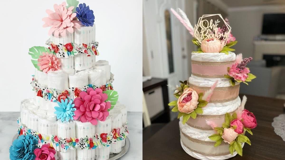 Os bolos de fralda podem ser neutros e enfeitados com folhas e flores secas - Pinterest
