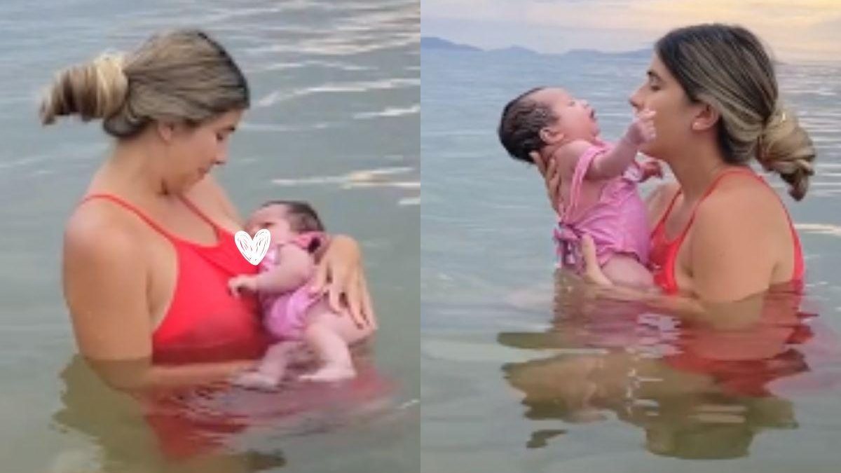 Mãe amamenta filha no mar - Reprodução/ TikTok