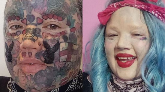 Imagem Mãe com o rosto inteiro tatuado cobre as tatuagens e assusta os filhos com o resultado