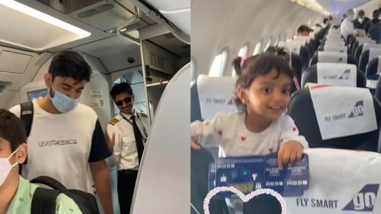 A menina fica radiante de alegria ao ver o pai no mesmo voo. (Instagram / @ shanaya_motihar)