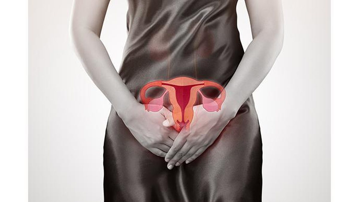 Woman with hands holding her crotch. Human reproductive system. Female anatomy concept.