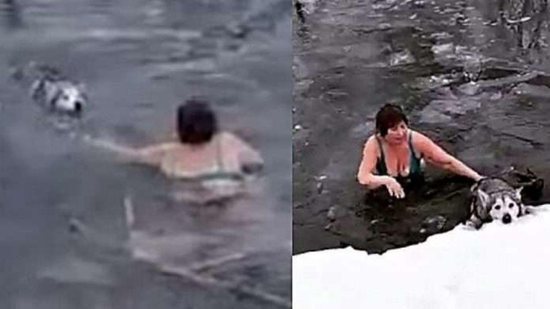 A mulher salvou o cachorro do rio congelado e ajudou ele a subir na terra - Reprodução/Instagram @kolbina_olga_imperium