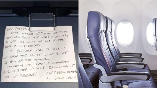 Piloto encontra nota curiosa deixada em avião no começo da pandemia de covid-19 - Reprodução/ Facebook