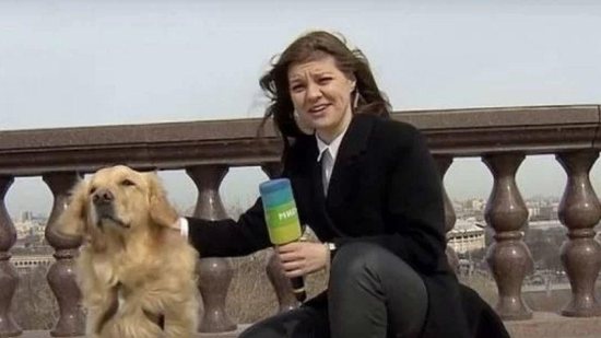 A repórter russa tomou um susto quando o pet pegou o microfone ao vivo - reprodução / YouTube