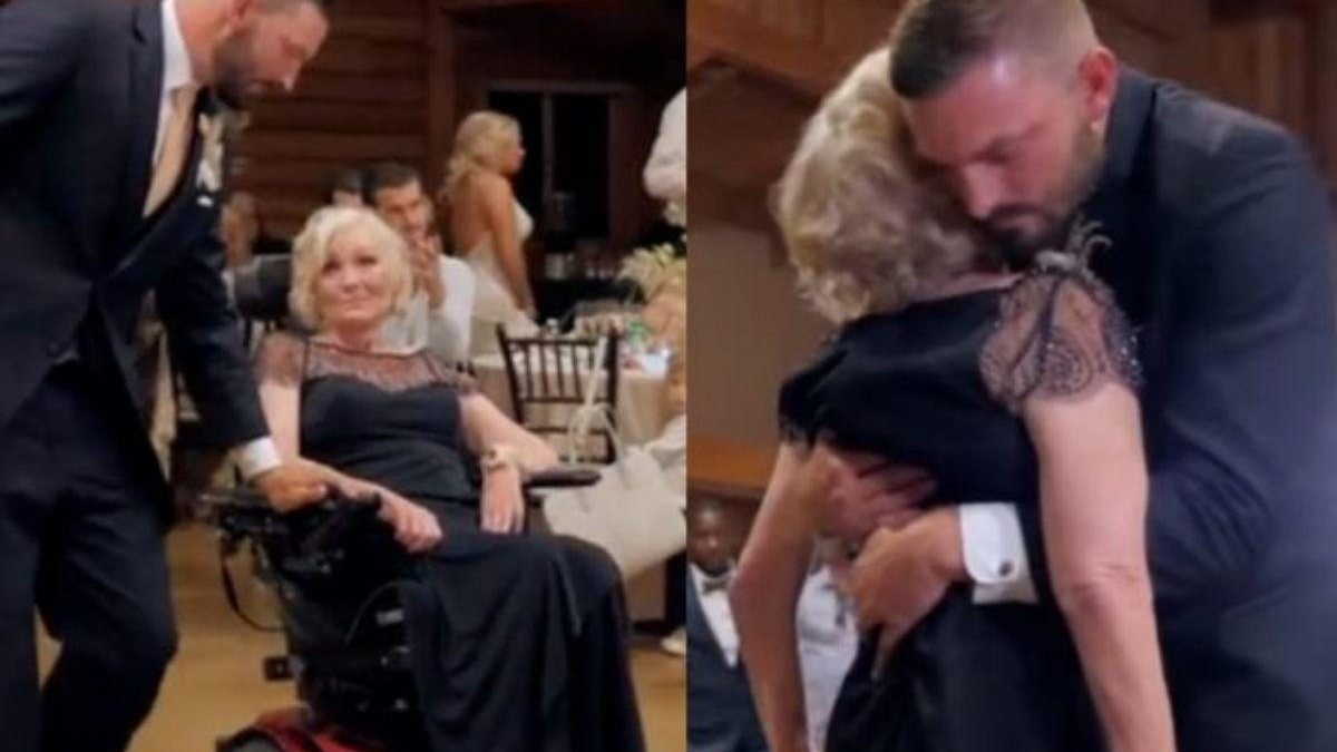 Filho levanta a mãe da cadeira de rodas para dançar em casamento - Reprodução YouTube