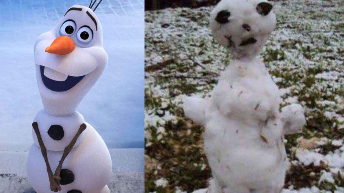 “Olaf de Taubaté”: Famílias do sul do Brasil fazem boneco de neve e resultado vira meme (Fotos: reprodução Twitter)