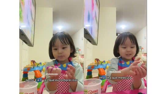 Luiza estava gravando um vídeo brincando de slime quando percebeu que a textura do brinquedo era semelhante a outra coisa que ela já conhecia: os “peitos” da mãe dela - Reprodução Instagram @luludavola