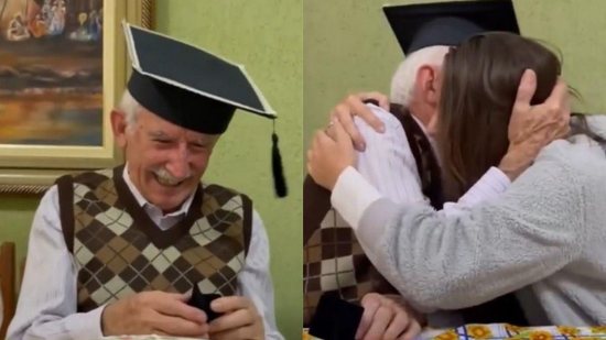 O avô ficou muito feliz ao ganhar o anel de formatura - Reprodução/Instagram @laisalberto