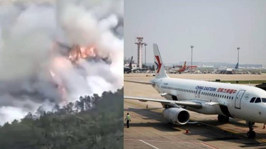 O avião que caiu na China pegou fogo após a queda de deixou destroços no chão - Reprodução/Twitter