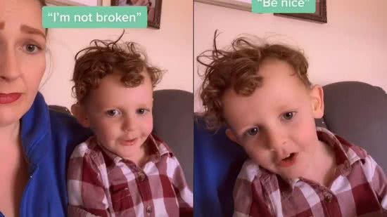 A esquerda uma foto normal do filho com os aparelhos auditivos, a direita a foto tirada na escola - Reprodução/TikTok