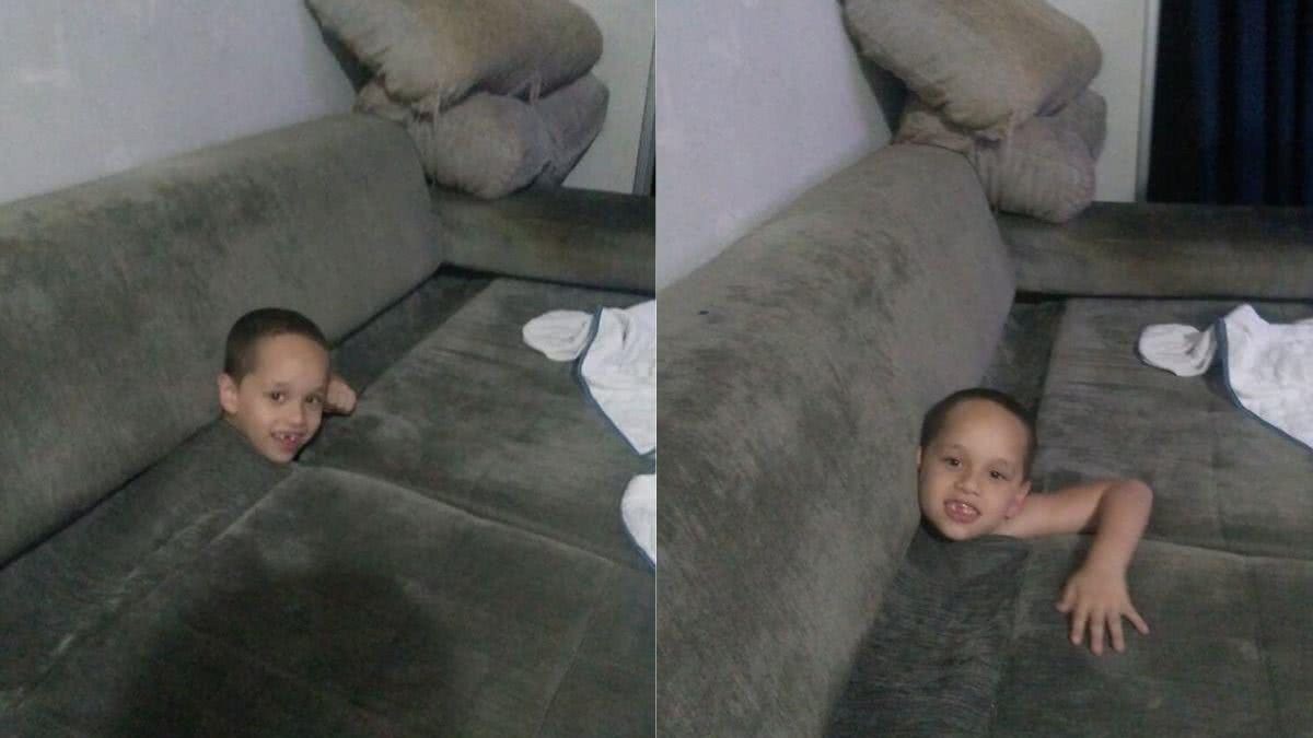 Foi um sufoco tirar o menino de dentro do sofá (foto: Reprodução/Facebook)