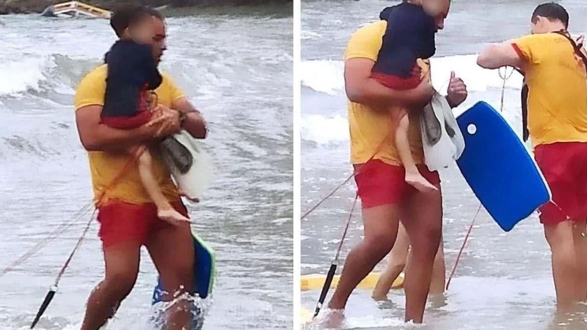Bombeiro com criança nos braços, enxugando as lágrimas ao salvá-la - Reprodução / Facebook