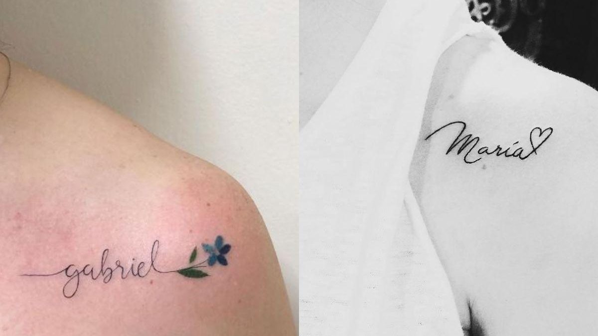 Tatuagem com nome de filho no ombro usando letra cursiva e com desenho de flor - Pinterest