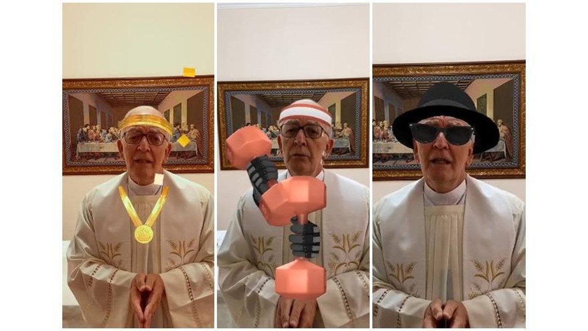 Padre Luiz César Moraes acionou o filtro do Facebook, sem querer, durante a transmissão ao vivo da missa - Reprodução/ Vídeo