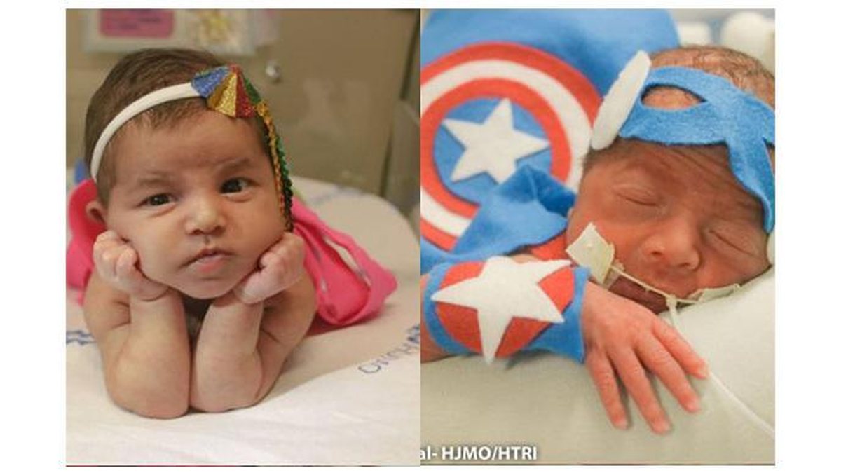 Bebê fantasiada de dançarina de frevo e de capitão américa na UTI Neonatal (Foto: Reprodução/