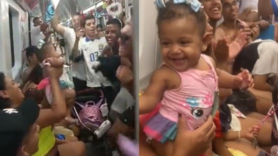 Momento em que os foliões cantavam para a bebê no vagão do metrô - Reprodução/Twitter