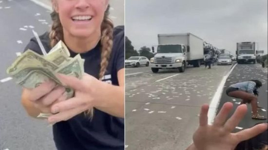 As pessoas desceram dos veículos para pegar o dinheiro que tinha caído do caminhão blindado - Reprodução/ Instagram/@demibagby