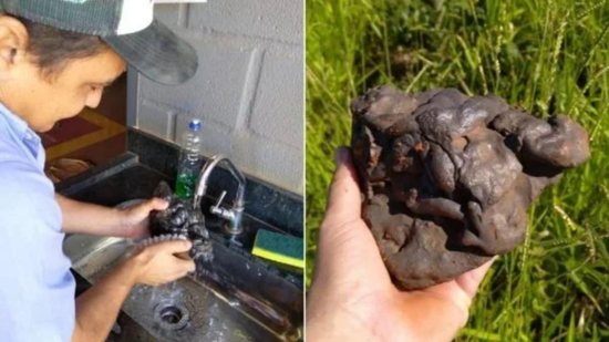 Homem que encontrou pedaço de meteorito em Minas Gerais (Foto; Reprodução/Twitter @gustavo_leigan)