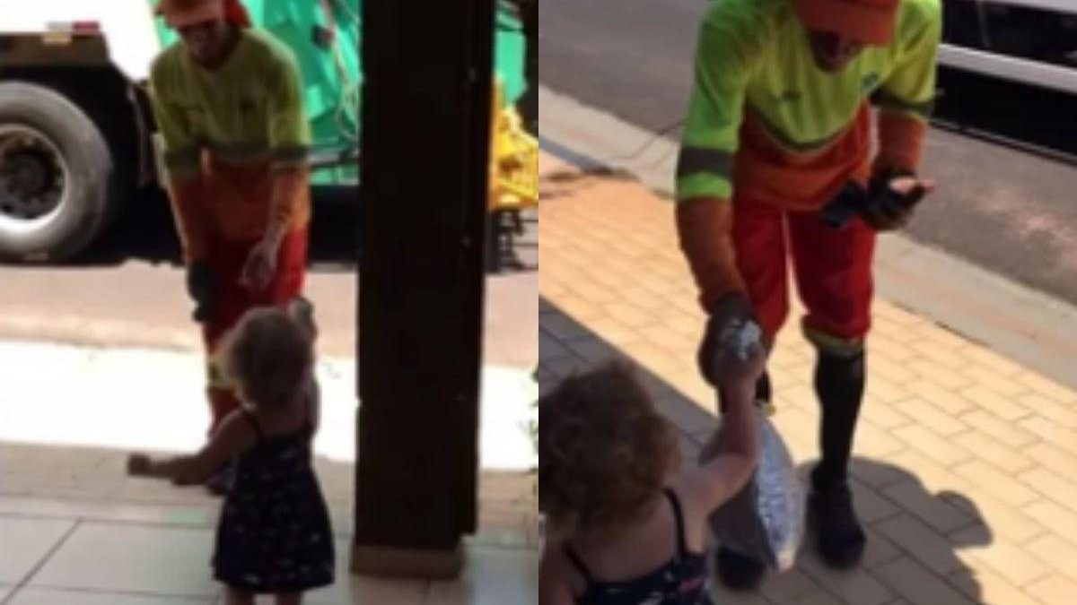Menina de 2 anos viraliza ao dar panetone para coletores de lixo - Reprodução / G1