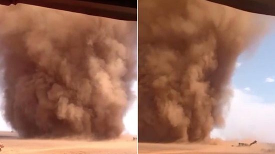 No vídeo do redemoinho é possível ver algumas máquinas sendo engolidas pela poeira - Reprodução / Youtube