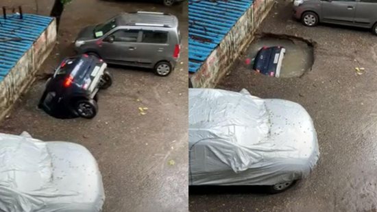 O carro de uma família foi engolido por um buraco, na Índia - reprodução / YouTube