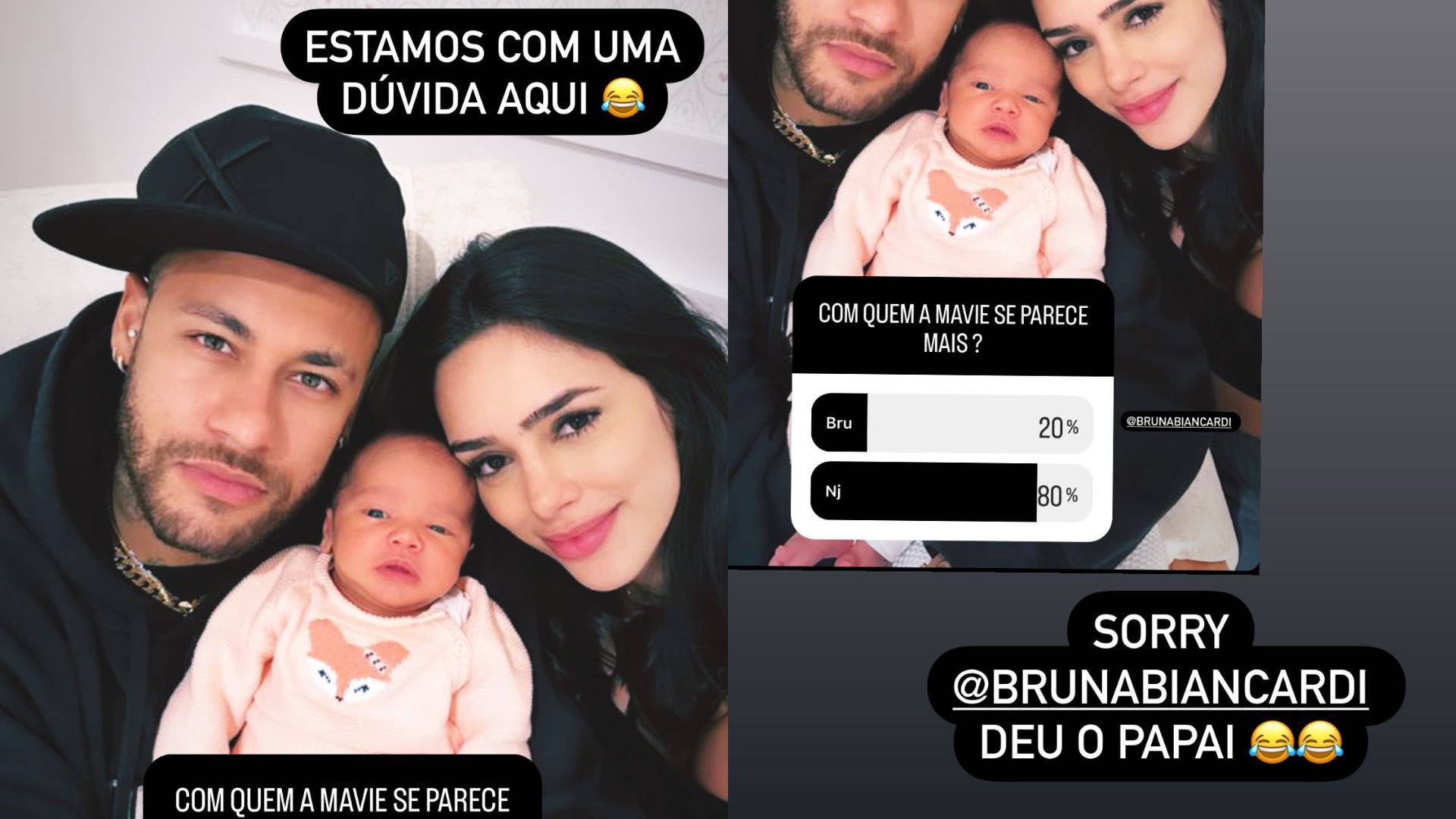 Neymar ao lado de Mavie e Bruna Biancardi com enquete sobre com quem a bebê se parece mais