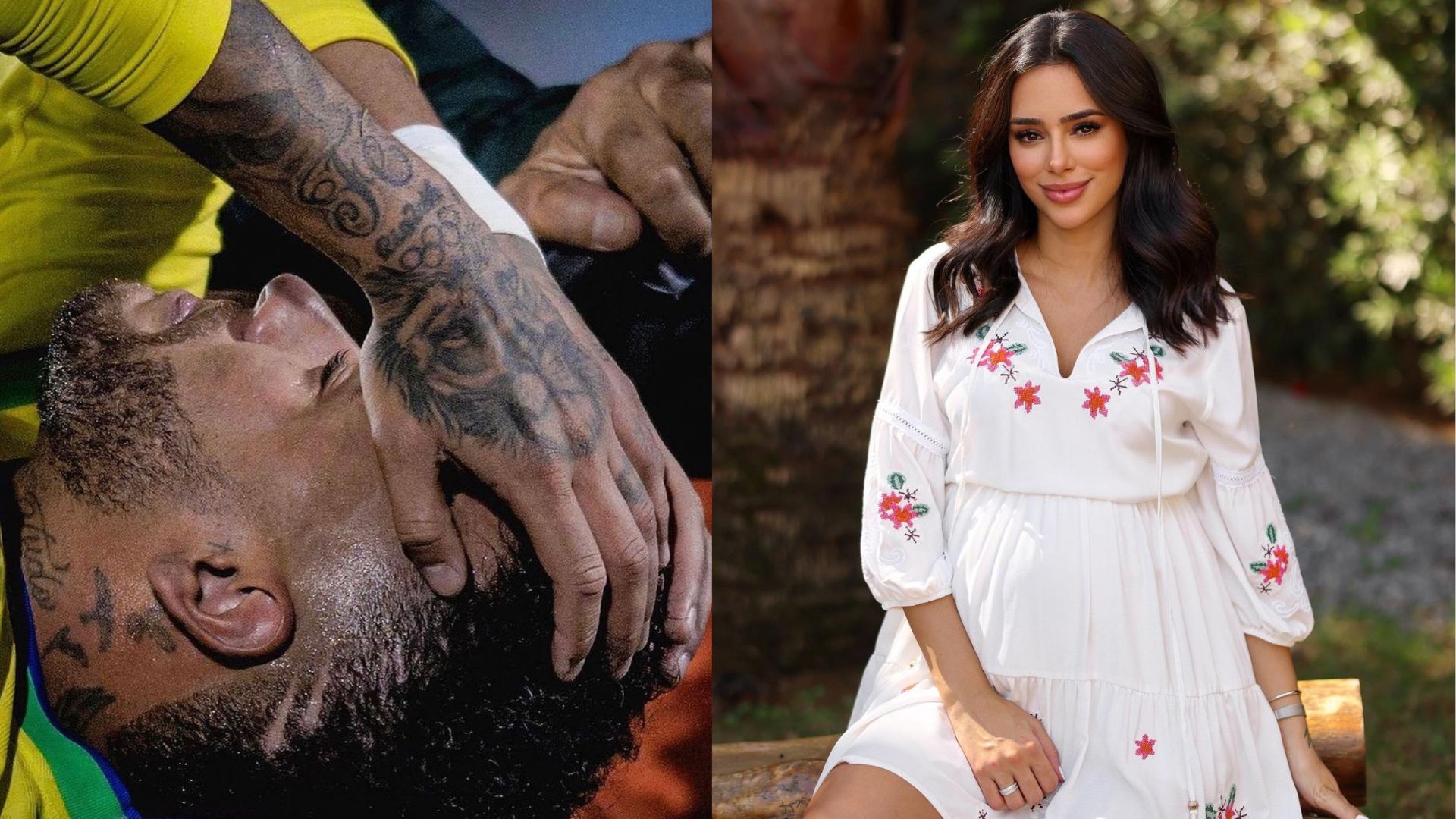 Neymar deitado com camiseta da Seleção Brasileira e as mãos na cabeça e Bruna Biancardi posando de vestido branco com flores vermelhas estampadas na roupa