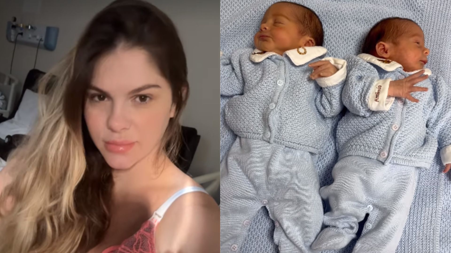 Modelo Bárbara Evans e filhos recém-nascidos, Álvaro e Antônio