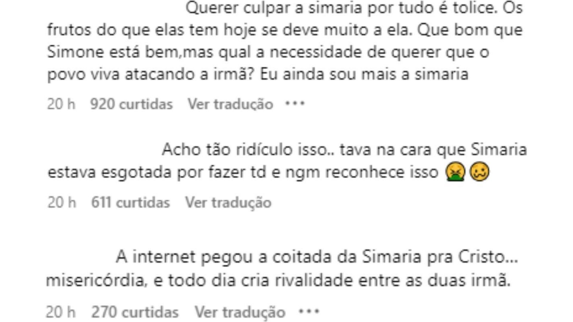 Comentários de fãs criticando Simone por curtir postagens que falavam mal de Simaria