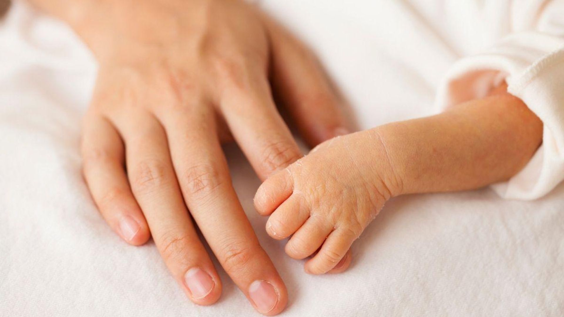 mão de adulto e mão de bebê prematuro