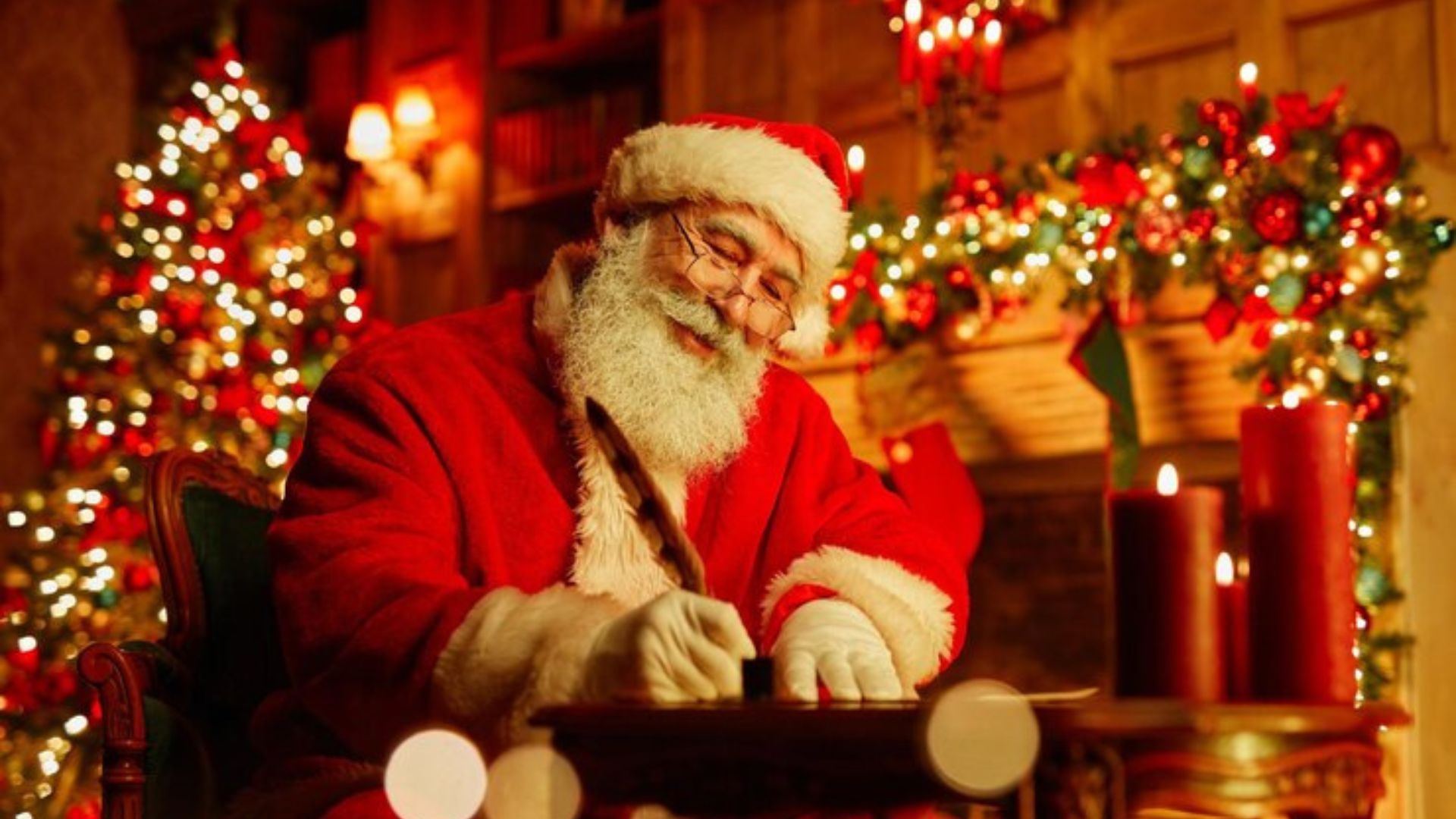 Papai Noel escrevendo carta em cenário natalino