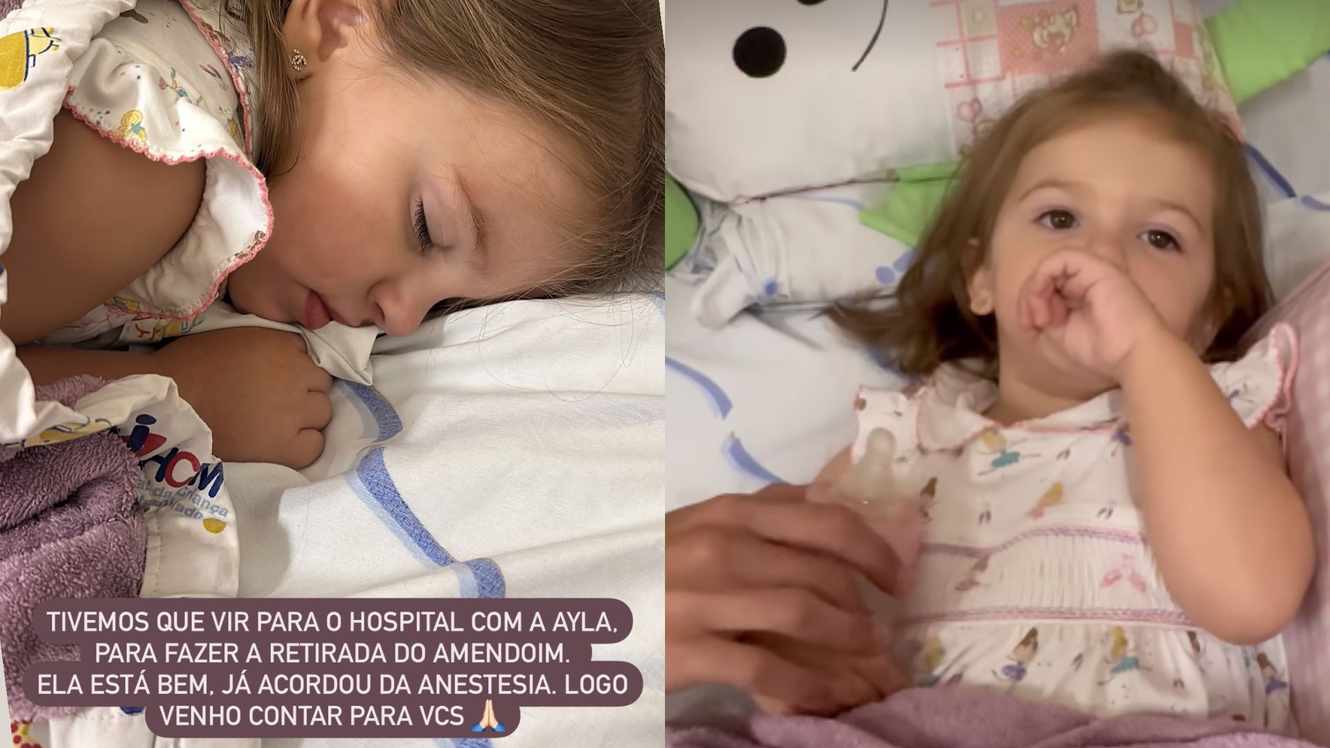 Ayla, filha Bárbara Evans, no hospital após cirurgia de emergência
