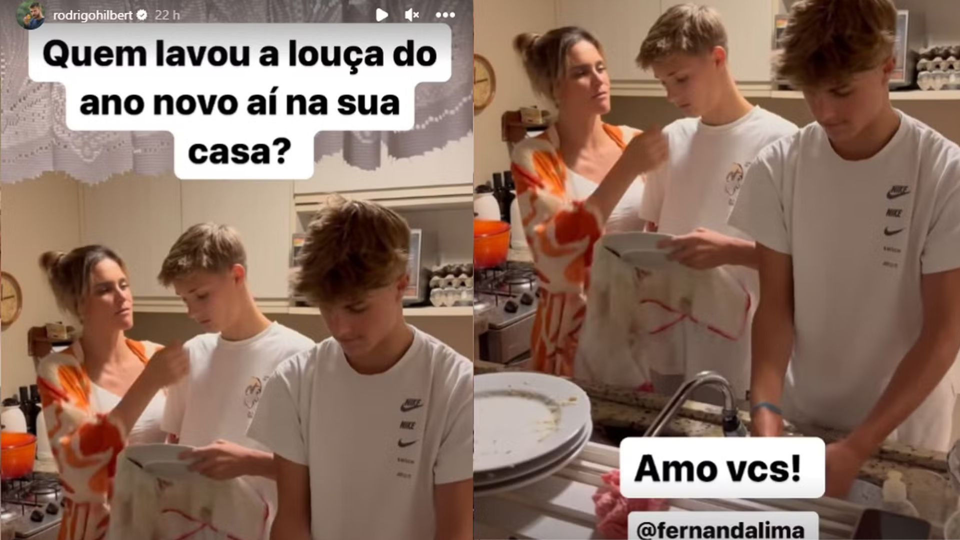 Storie de Rodrigo Hilbert mostrando os filhos gêmeos João e Francisco lavando a louça ao lado da mãe Fernanda Lima