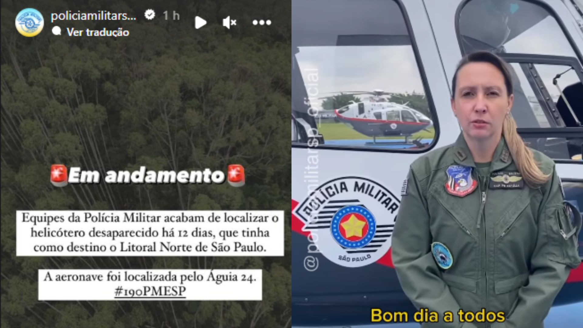 Stories da Polícia Militar de São Paulo sobre o helicóptero que ficou desaparecido por 12 dias