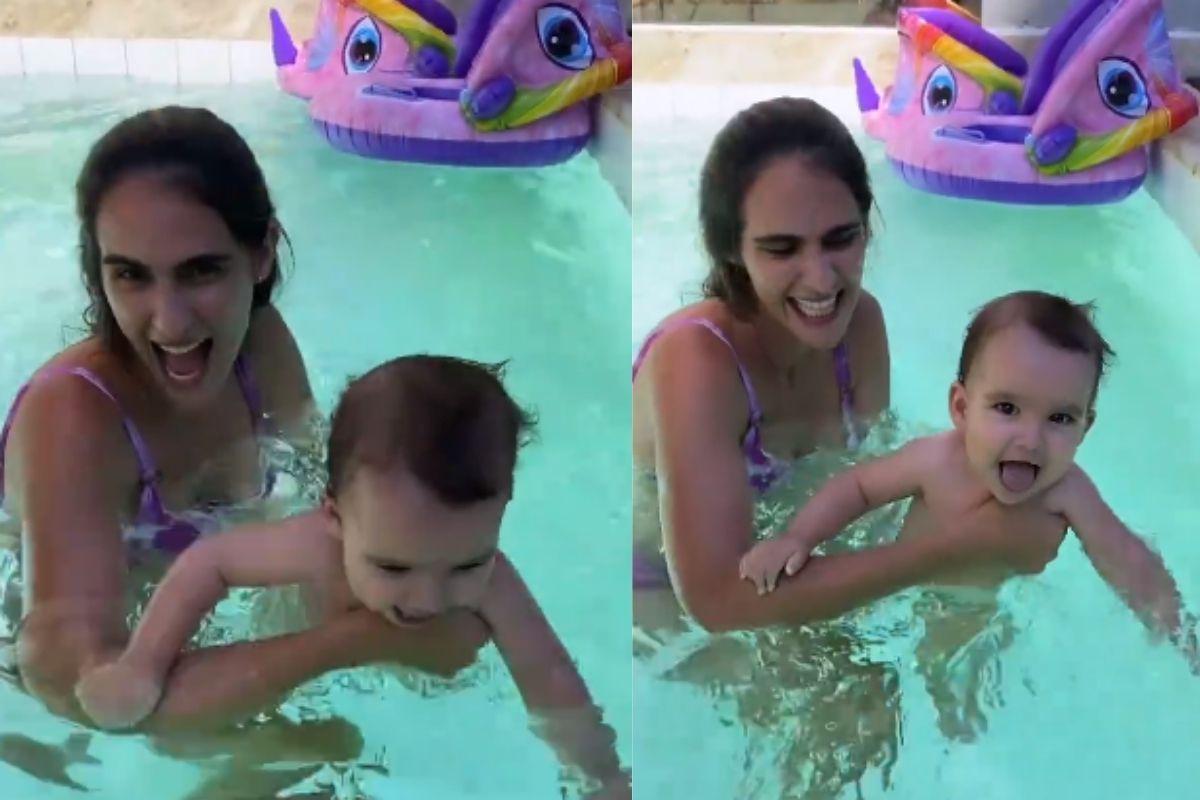 Marcella Fogaça mostra Pietra na piscina pela primeira vez