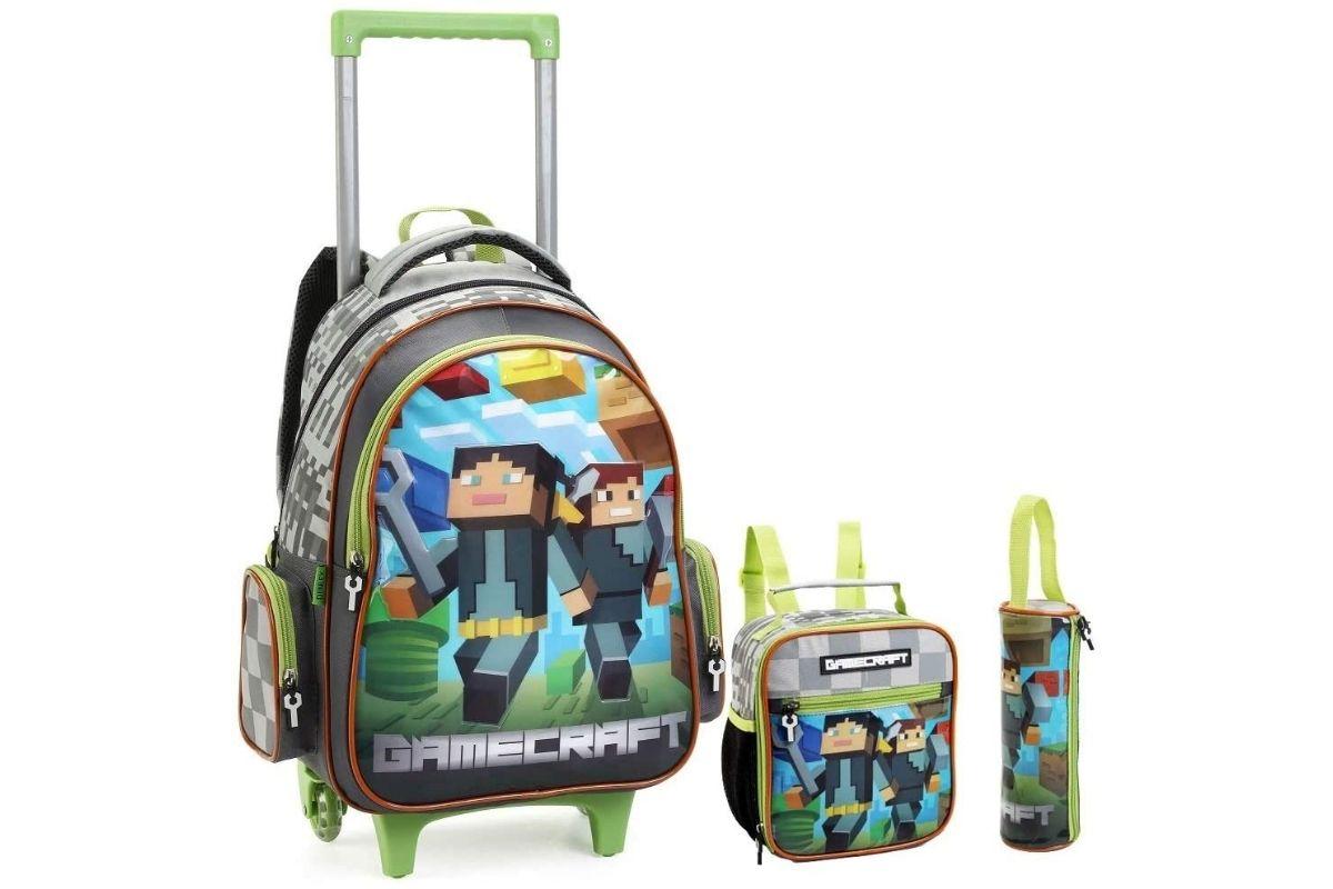 Volta às aulas: mochila escolar de rodinhas MineCraft - kit com lancheira e estojo