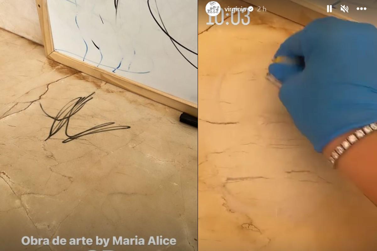 Maria Alice desenhou na parede de casa e levou uma bronca