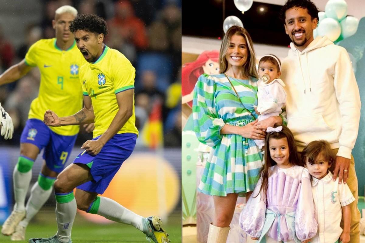 Jogador da Seleção Brasileira Marquinhos ao lado de esposa e filhos