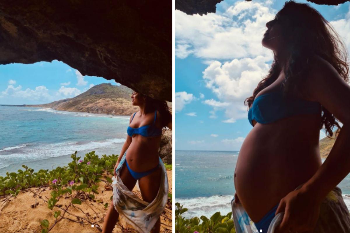 Yanna Lavigne mostra barriga de grávida na praia