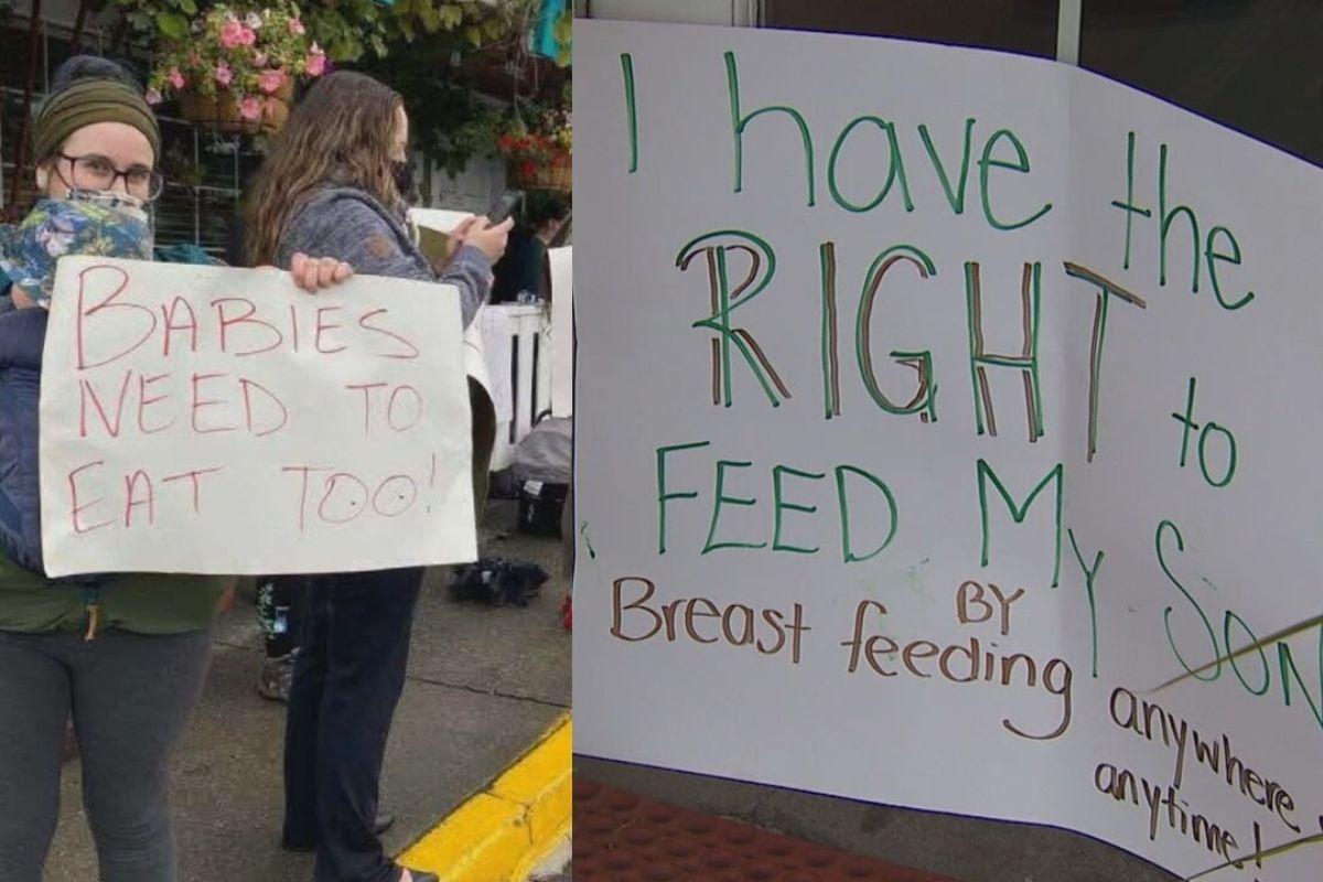 Mães protestaram contra ação do dono do restaurante, no cartaz escreveram "Bebês precisam comer também" e "Eu tenho o direito de alimentar meu filho, em qualquer lugar e a qualquer hora"
