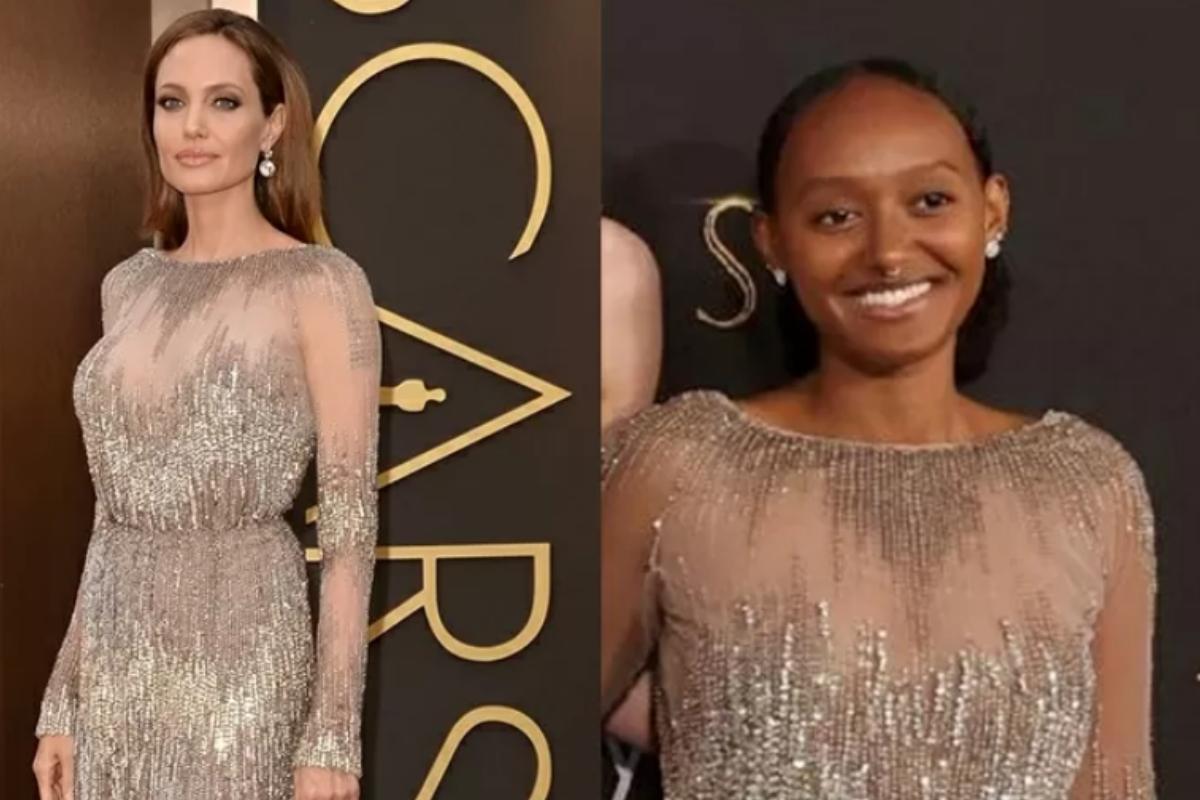 Filha de Angelina Jolie utilizando o mesmo vestido que a mãe usou no Oscar de 2014