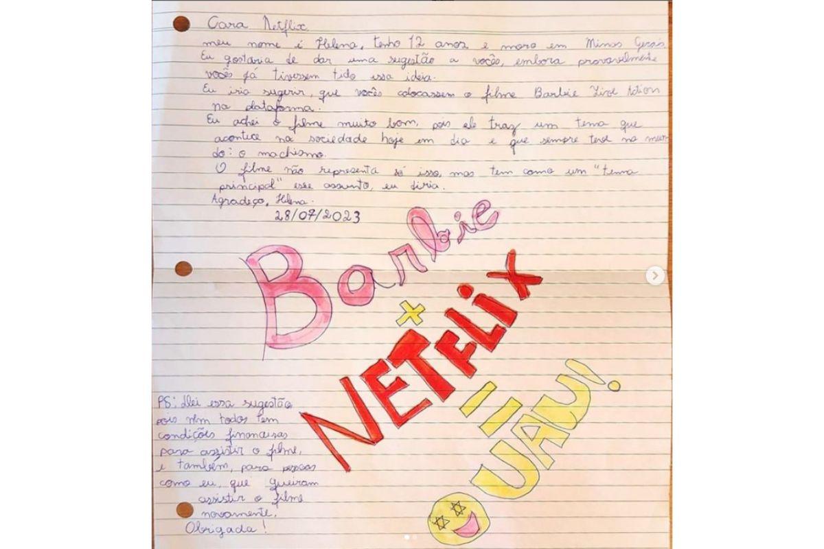 Carta menina Netflix, menina escreve carta para Netflix, menina pede pra Netflix colocar Barbie no catálogo