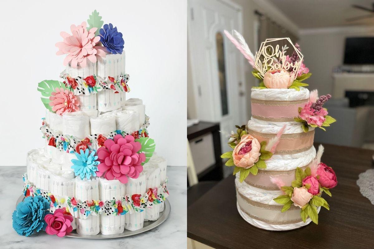 Se você quer um bolo de fraldas com itens que remetam à feminilidade, essas opções cor-de-rosa e com flores são ótimas! 