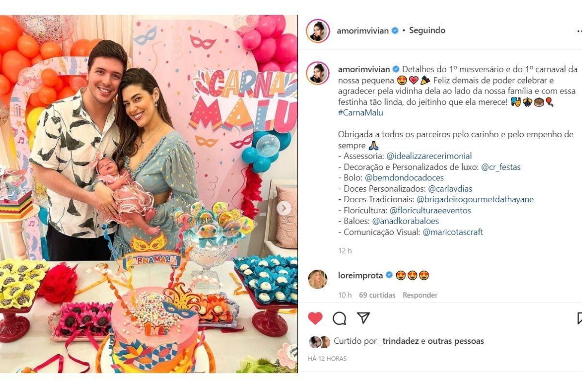 Postagem de Vivian Amorim com o marido e filha