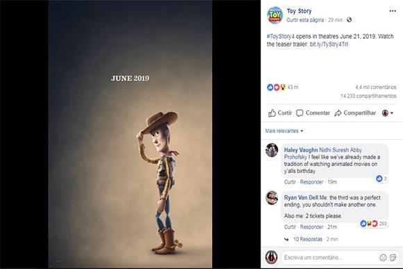O filme chega aos cinemas americanos no dia 21 de junho de 2019. (Foto: Reprodução / Facebook @PixarToyStory)
