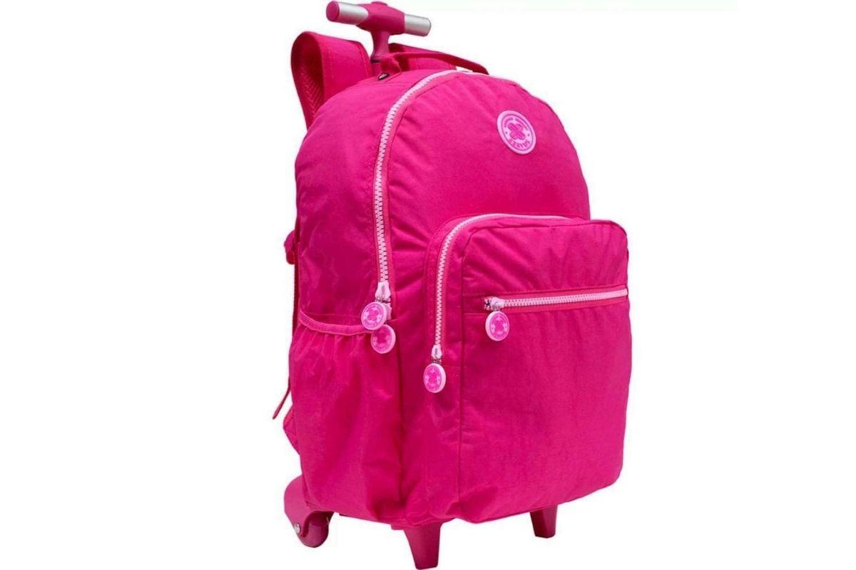 Volta às aulas: mochila escolar rosa com rodinhas e alças para por nas costas 