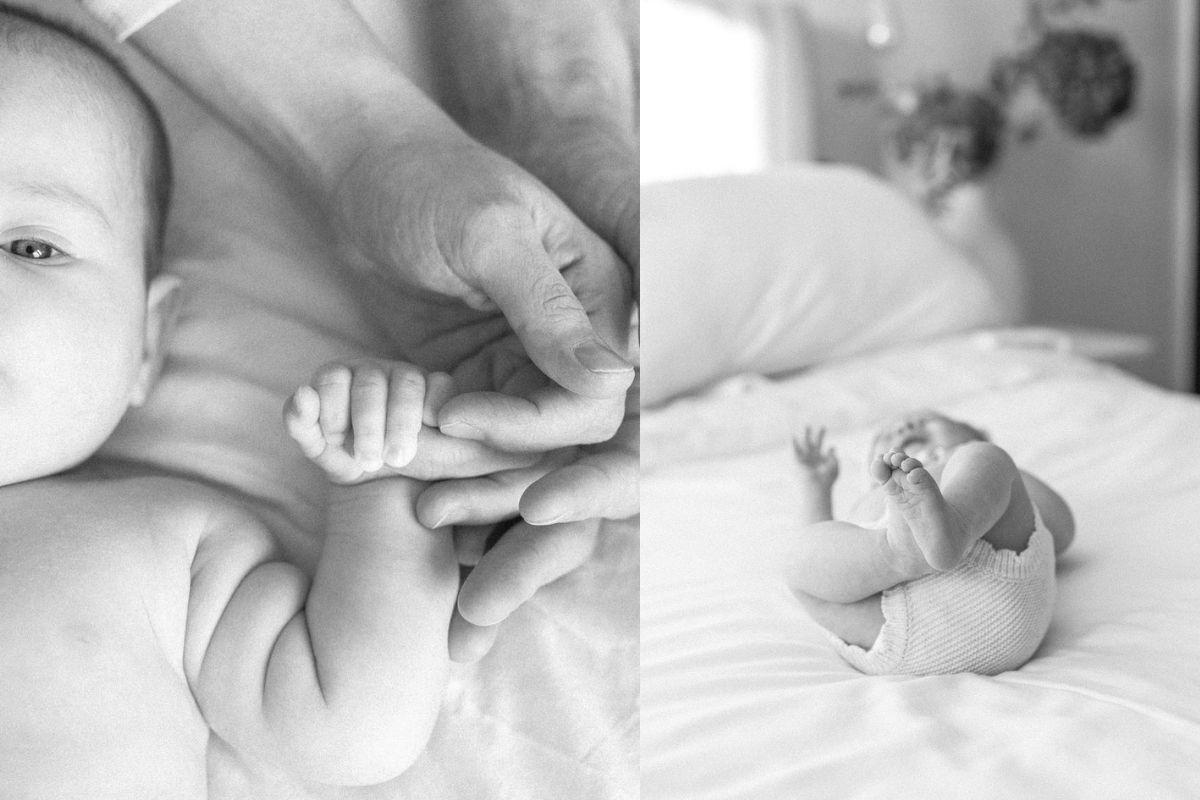 Tons de cinza nas fotos do ensaio newborn valorizam as texturas das pessoas envolvidas nas imagens e do local usado para registrar aquele momento 